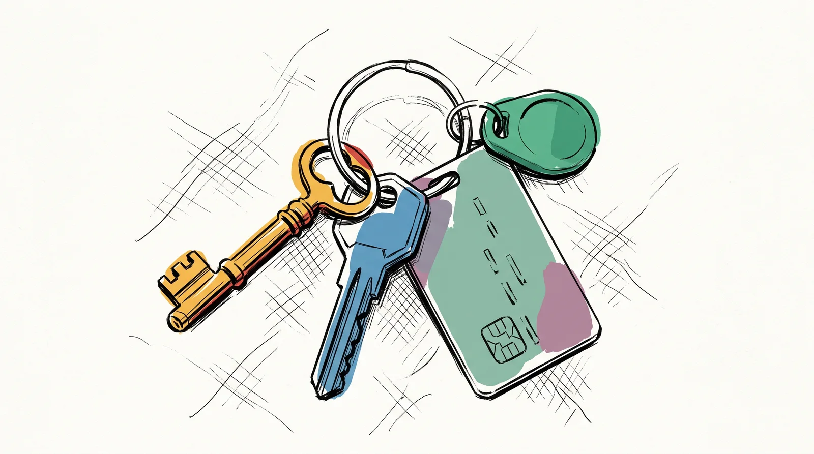 An ink drawing of a steel key ring holding four different keys: an old brass key, a blue modern key, a green plastic card with a chip, and a small green rubber fob, lying on a hatched linen ground.
