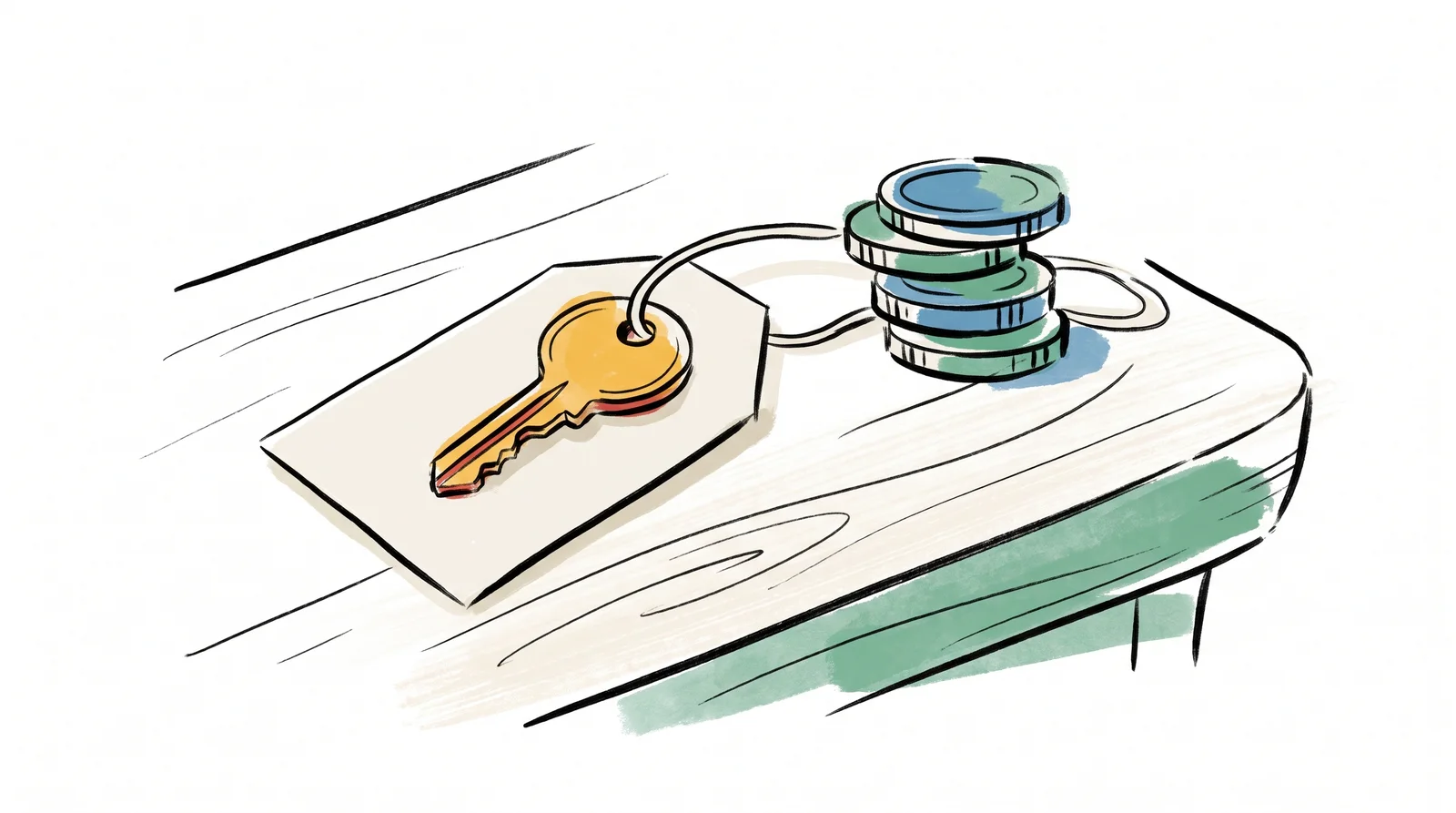 An ink drawing of a brass key lying on a blank paper luggage tag on a wooden desk, with a small stack of green and blue coins beside it, drawn in loose black line with flat colour.