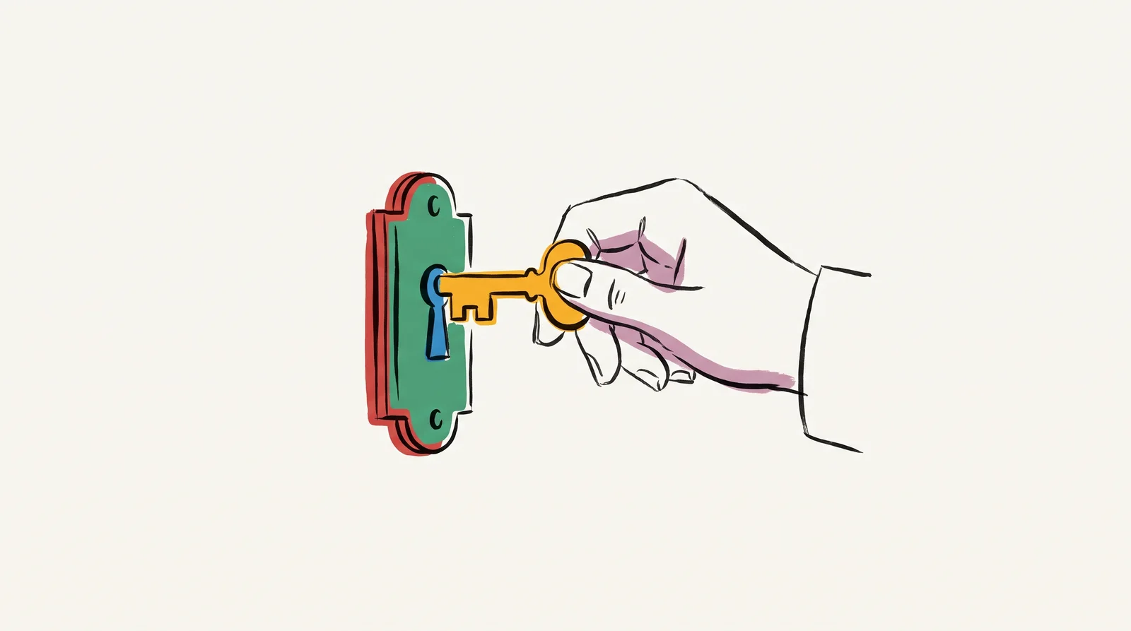 An ink drawing of a hand turning a yellow key in a green and red lock plate on a door, only the hand and the lock in frame.