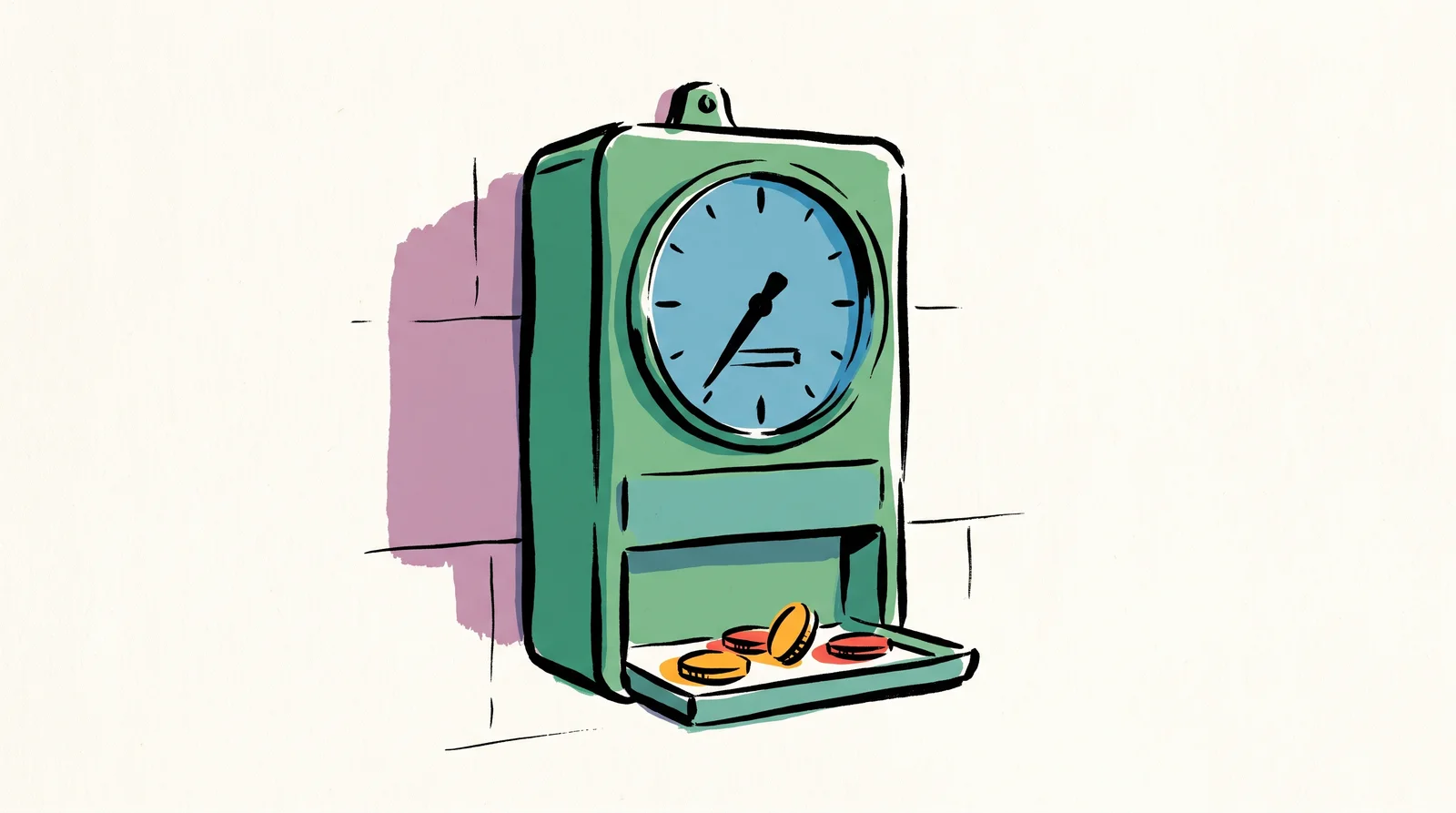 An ink drawing of an old green coin-fed meter on a wall, its round blue dial with the needle low, and a small tray of orange coins beneath it.