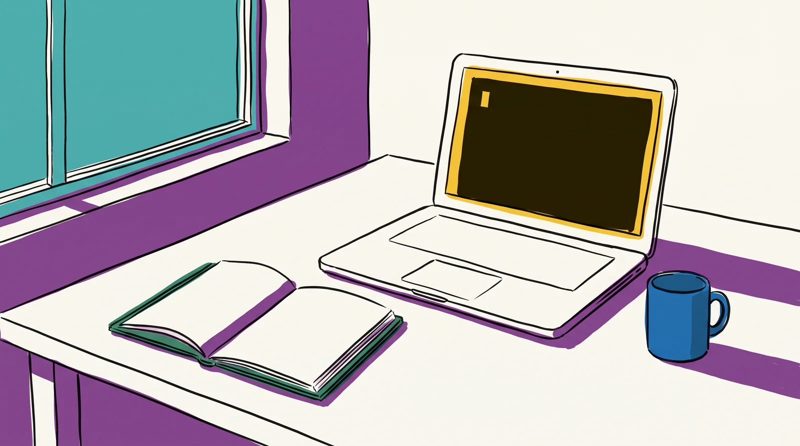 An ink drawing of a desk by a window with an open laptop showing a dark empty screen with one small cursor, a blank open notebook and a blue mug, with purple and teal light across the room.