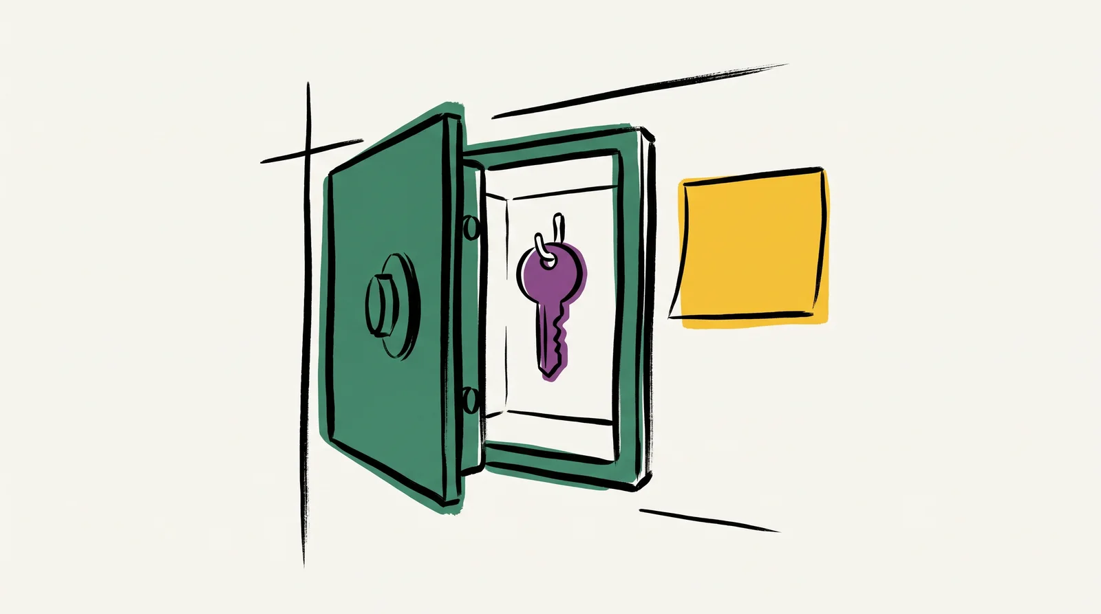 An ink drawing of a small green wall safe with its door open and a purple key hanging on a hook inside, and a blank yellow sticky note stuck on the wall beside it.