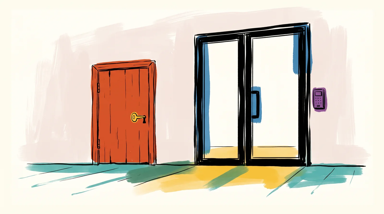 An ink drawing of two doors in a pale wall: a small red wooden door with a brass key in its lock, and a tall glass office door with a card reader beside it, the same yellow light spilling under both.