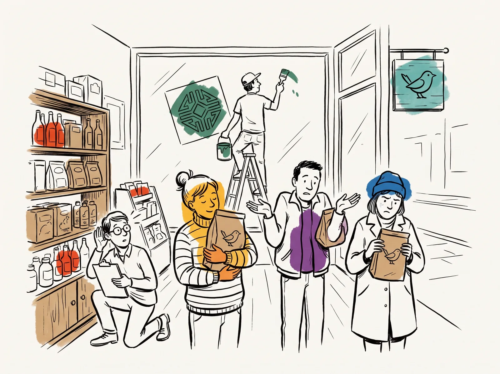 A researcher kneels by a shelf listening to three shoppers holding bird-emblem packs while a painter on a ladder waits beside the shop's bird sign with a pot of paint and a square stencil.