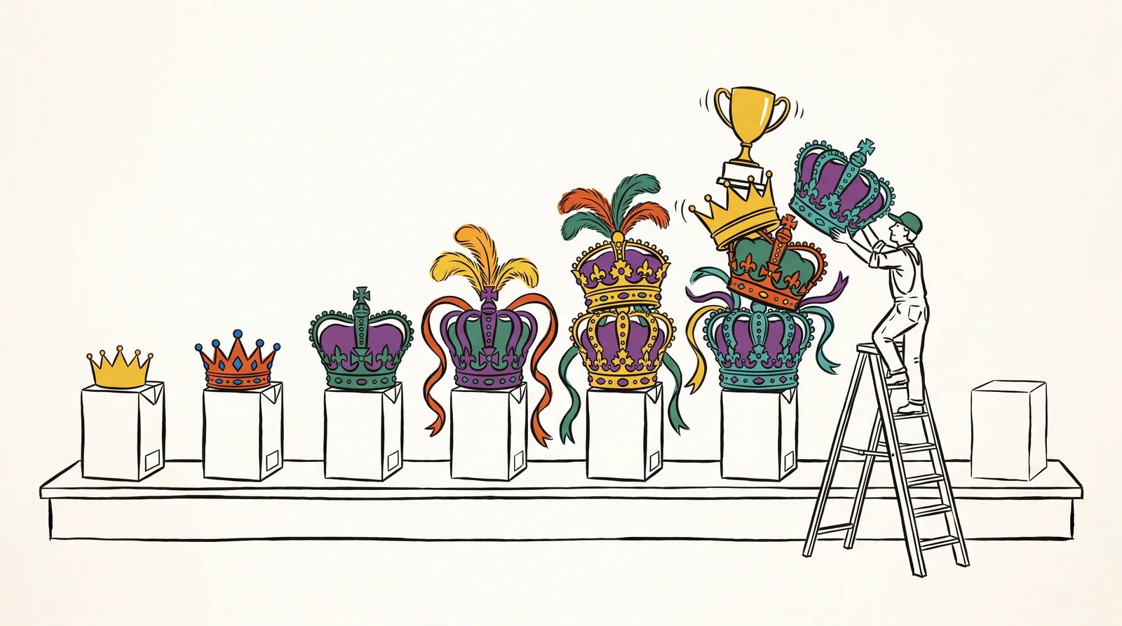 A row of product boxes on a stage wears crowns that grow grander along the line until the last is buried under stacked crowns while a stagehand on a stepladder adds another.