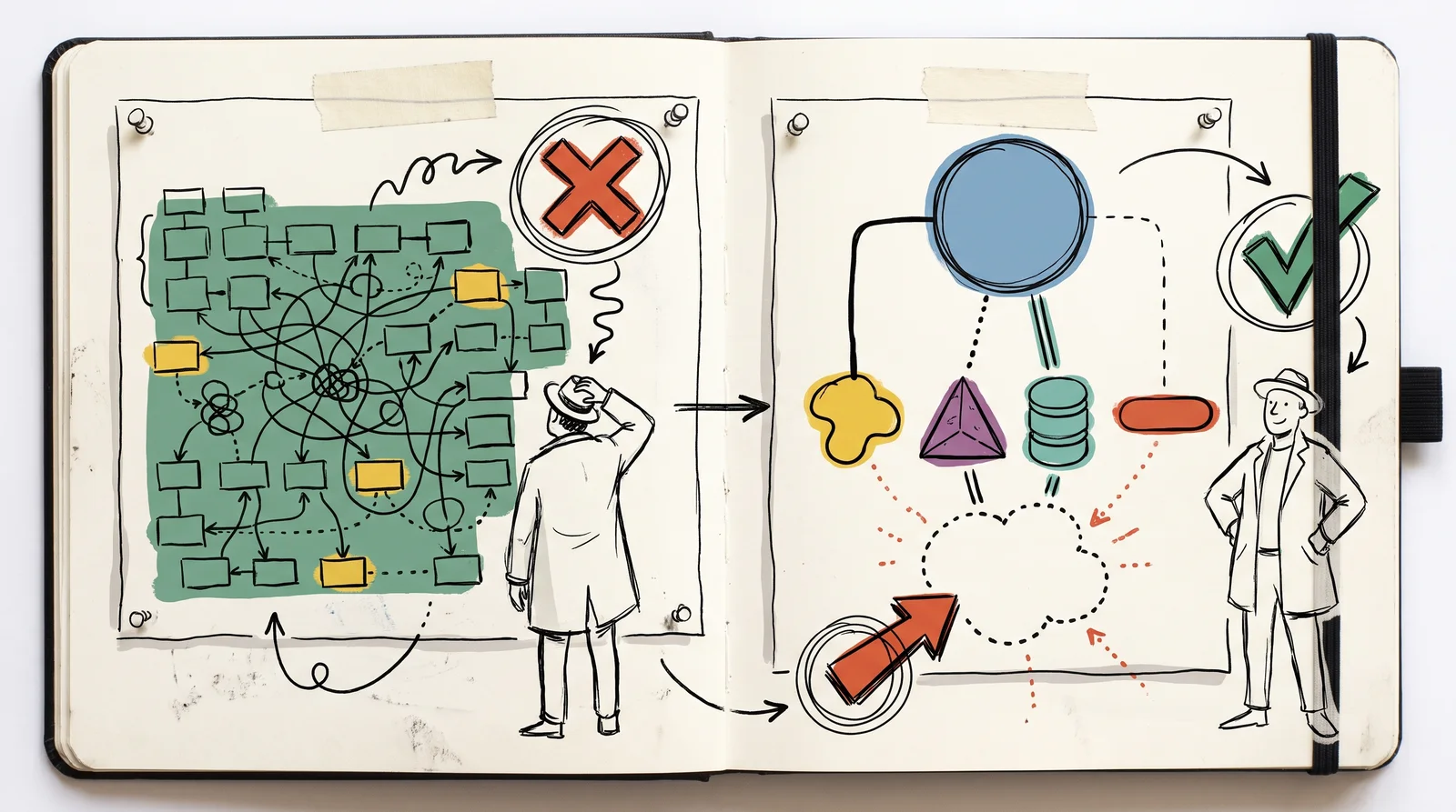 On the left a shopper scratches their head before a tangled chart of many boxes, and on the right the shopper nods at a simple page with one large circle, smaller linked shapes and an empty dotted outline.