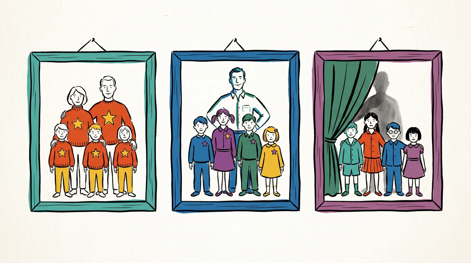 Three framed family portraits show a family in matching star jumpers, children in different clothes wearing small star badges, and children in different outfits with a parent's shadow behind a curtain.