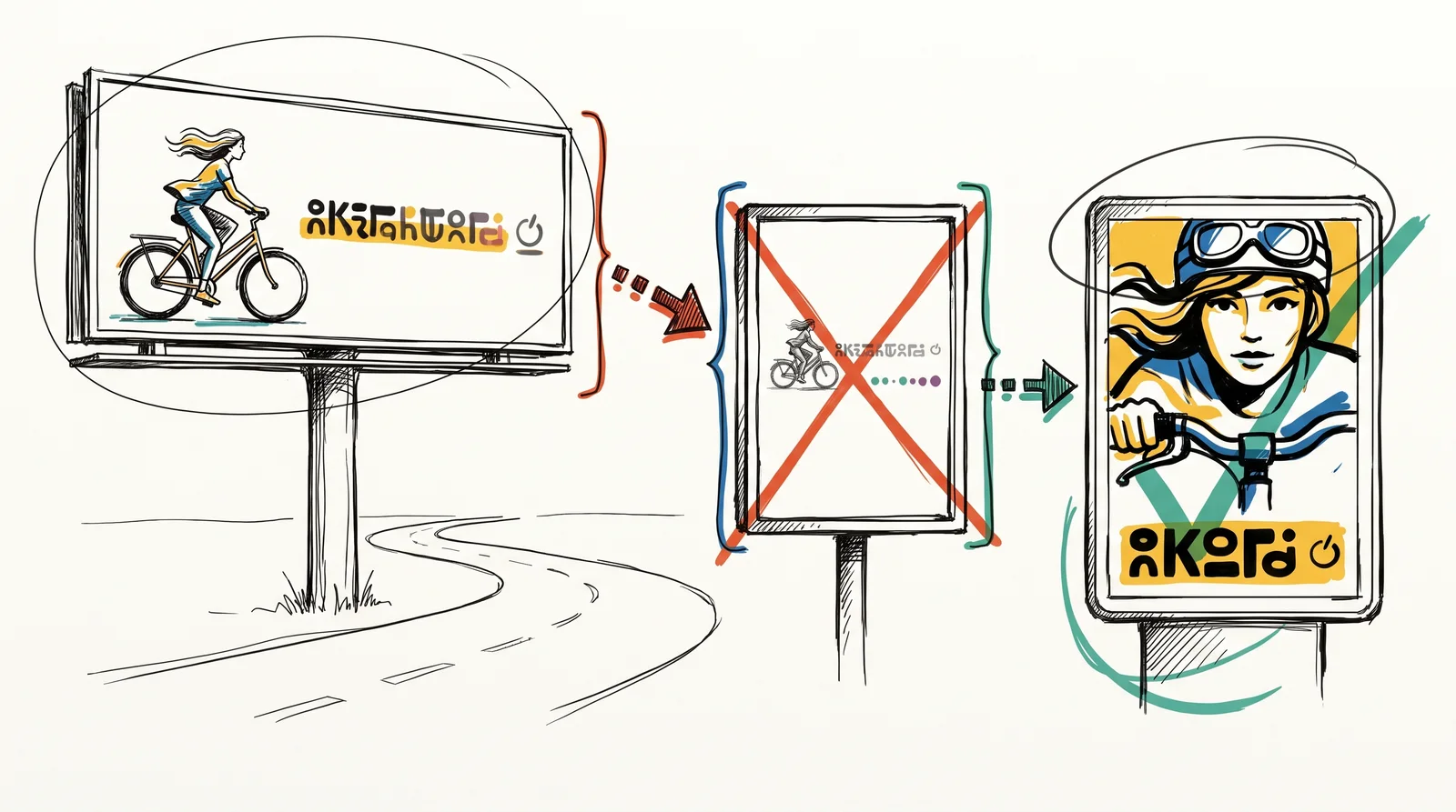 A doodle of a wide billboard of a cyclist, the same artwork shrunk onto a bus-stop poster where everything is tiny, and a redrawn bus-stop poster with a close crop of the cyclist.