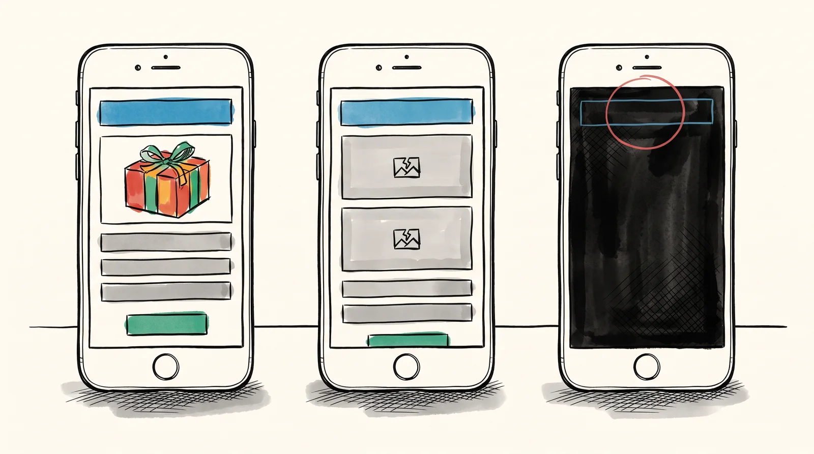 A doodle of three phones showing one email as designed, with blocked grey image boxes, and in dark mode where the dark logo nearly disappears into black.