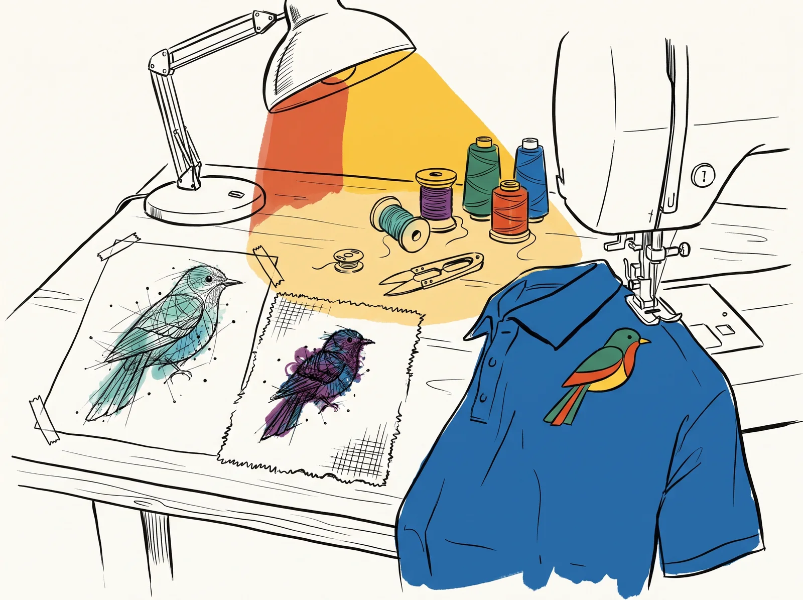 An ink drawing of a workbench with a detailed bird drawing, a blurry stitched test of it, and an embroidery machine stitching a simpler bold bird onto a navy polo shirt.
