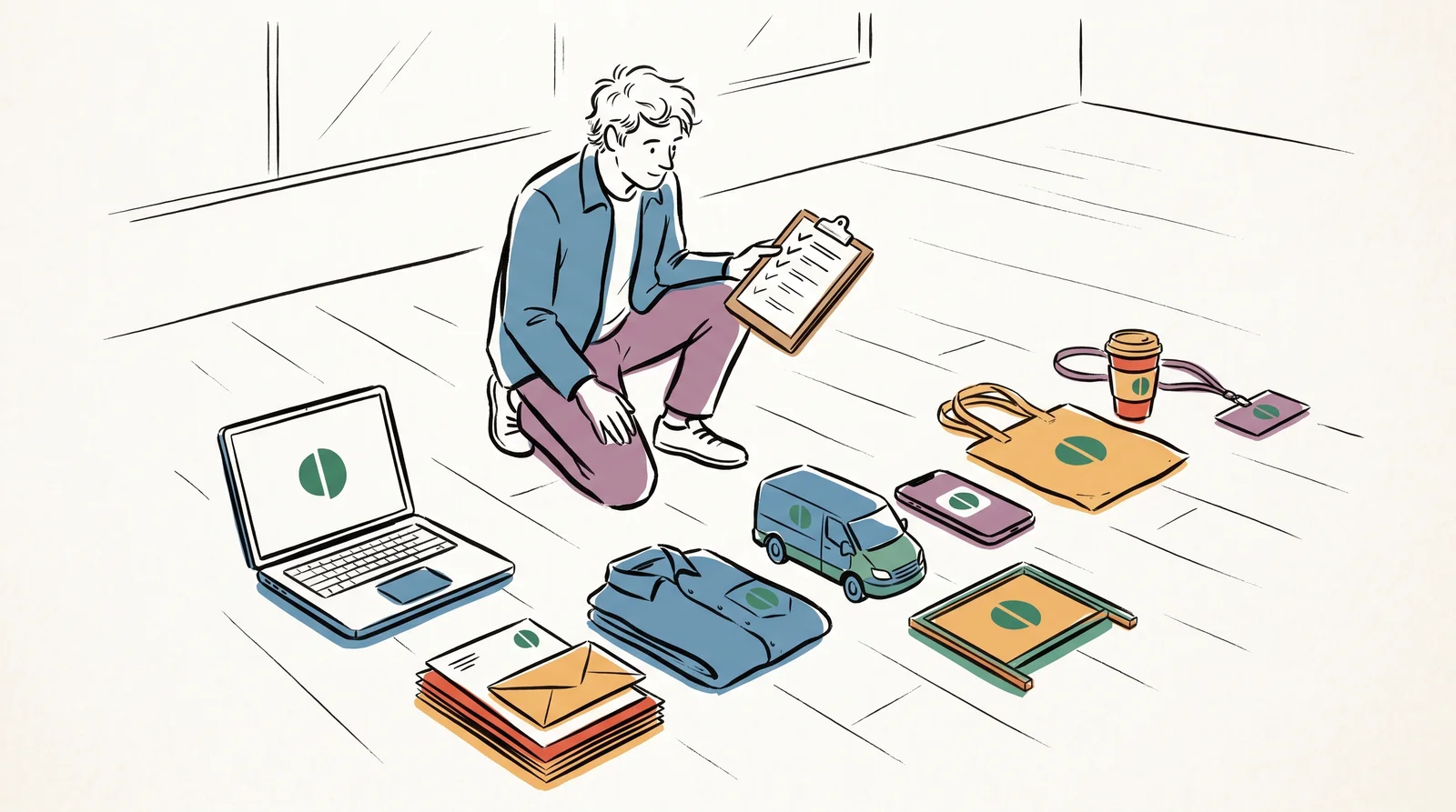 An ink drawing of a designer kneeling on a studio floor among rows of branded envelopes, a shirt, a model van, a phone, a sign, a tote, a cup and a badge, holding a clipboard of ticks beside a laptop.