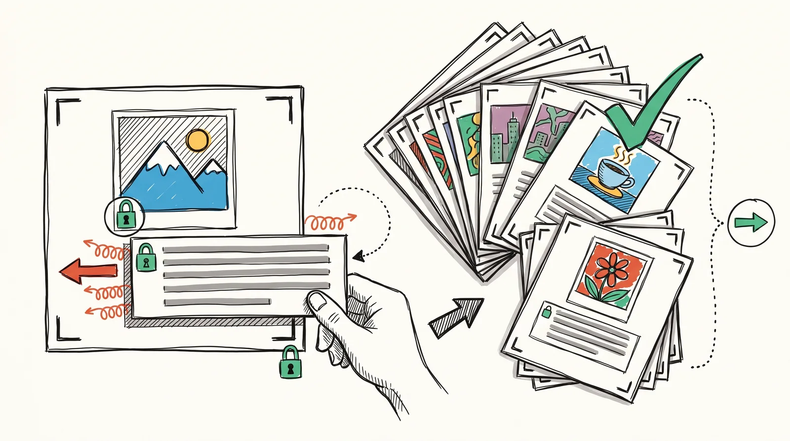 A doodle of a square post template with padlocks on the text box, photo crop and edges, a hand failing to drag the text box, and a fanned stack of consistent posts beside it.