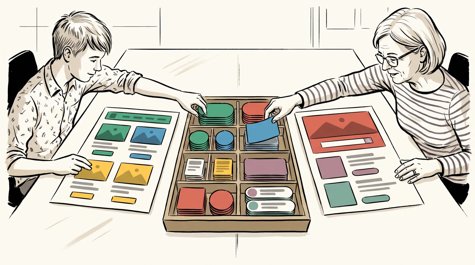 An ink drawing of two people on either side of a divided wooden tray of card buttons, cards and form fields, each assembling a different web page layout on paper from the same parts.