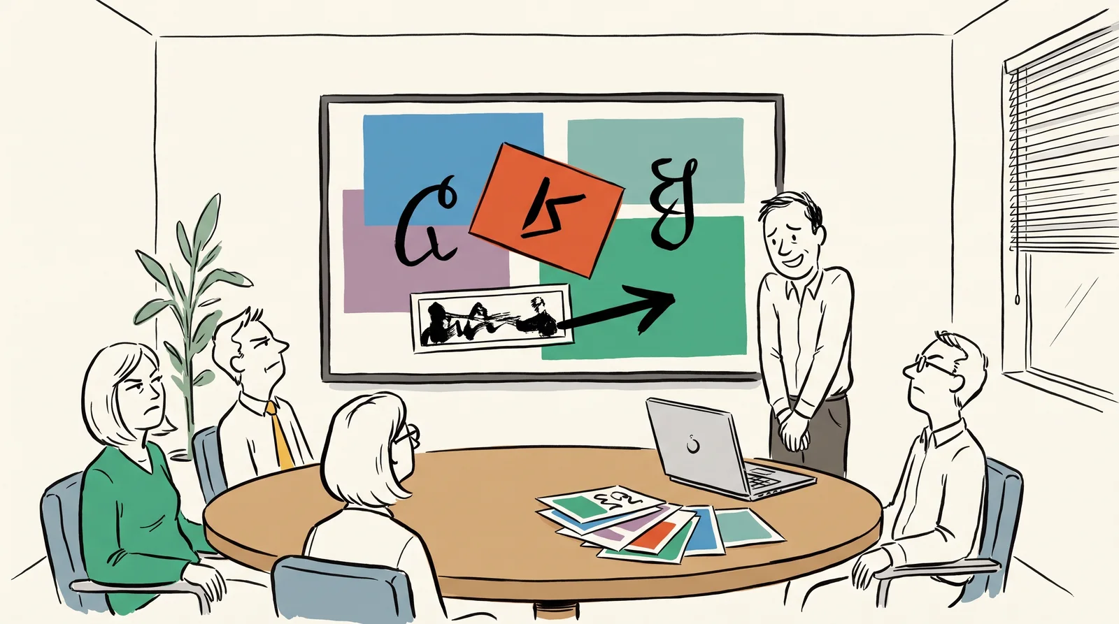 An ink drawing of four colleagues in a meeting room looking at a messy slide made of mismatched blues, an orange box and different lettering styles, with the presenter standing beside it.