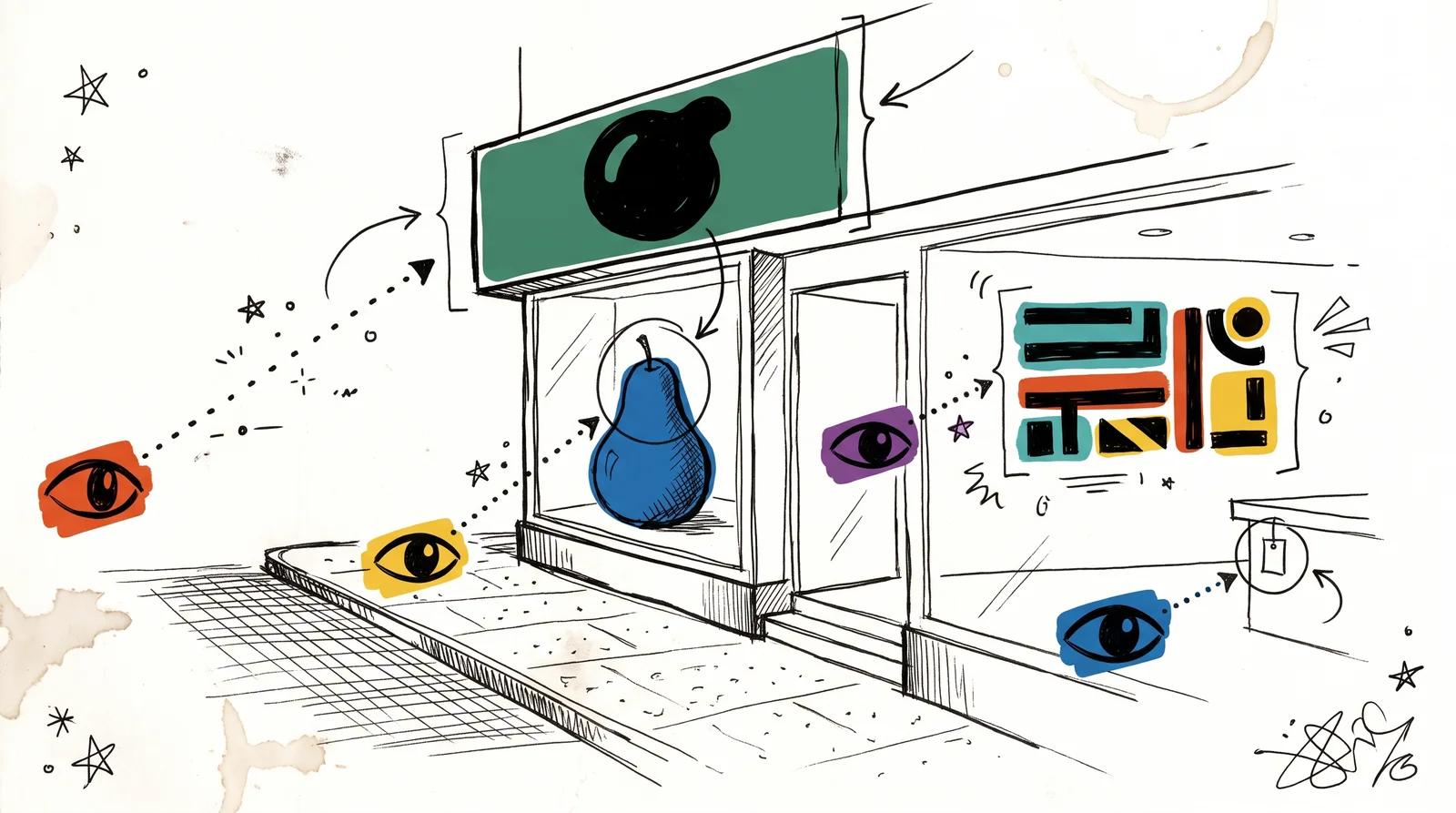 A side-view doodle of a shop with four eye symbols at different distances and dotted lines to a large fascia, a window picture, an inside wall graphic and a small shelf tag.