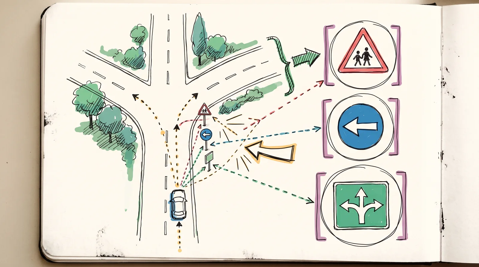 A doodle map of a car approaching a road junction, with a triangle warning sign showing two children, a round sign with an arrow and a rectangular sign with three arrows placed just before the fork.