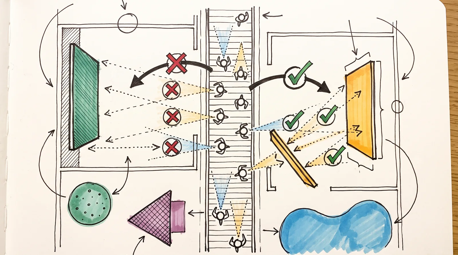 A top-down doodle of an exhibition aisle with walking figures and dotted sight cones that miss a panel on one stand's back wall and land on an angled panel at another stand's edge.