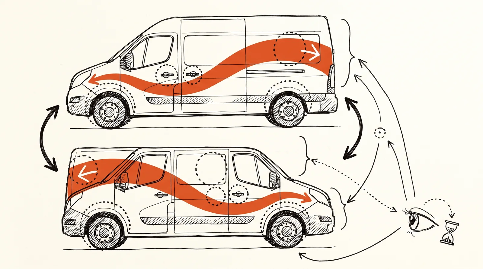 A doodle of the same van seen from the left and the right with a mirrored orange band, dotted circles around handles, windows and wheel arches, and a small eye with a sand timer in the corner.