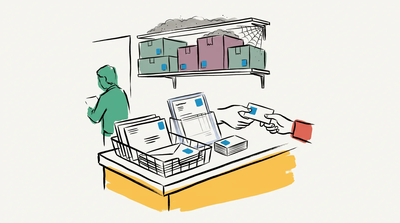 An ink drawing of a studio front desk with a small out-tray of envelopes and a receptionist handing over a business card, below a high shelf of dusty sealed boxes of letterhead.