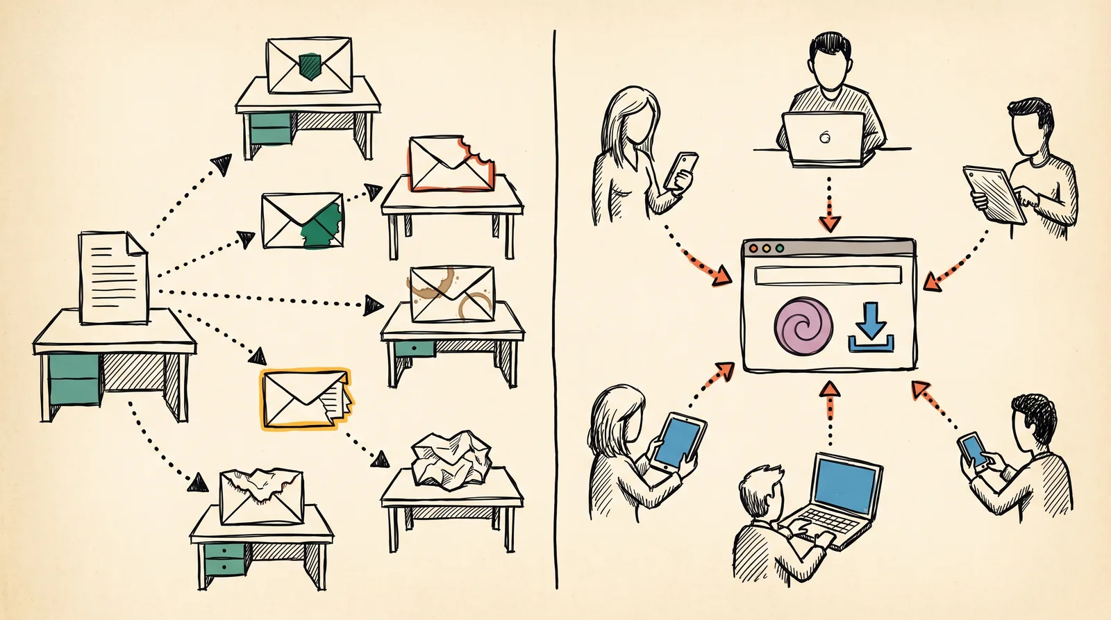 On the left five differently worn copies of one document sit on five desks, and on the right five people on various devices point to one web page showing an emblem with a download arrow beside it.