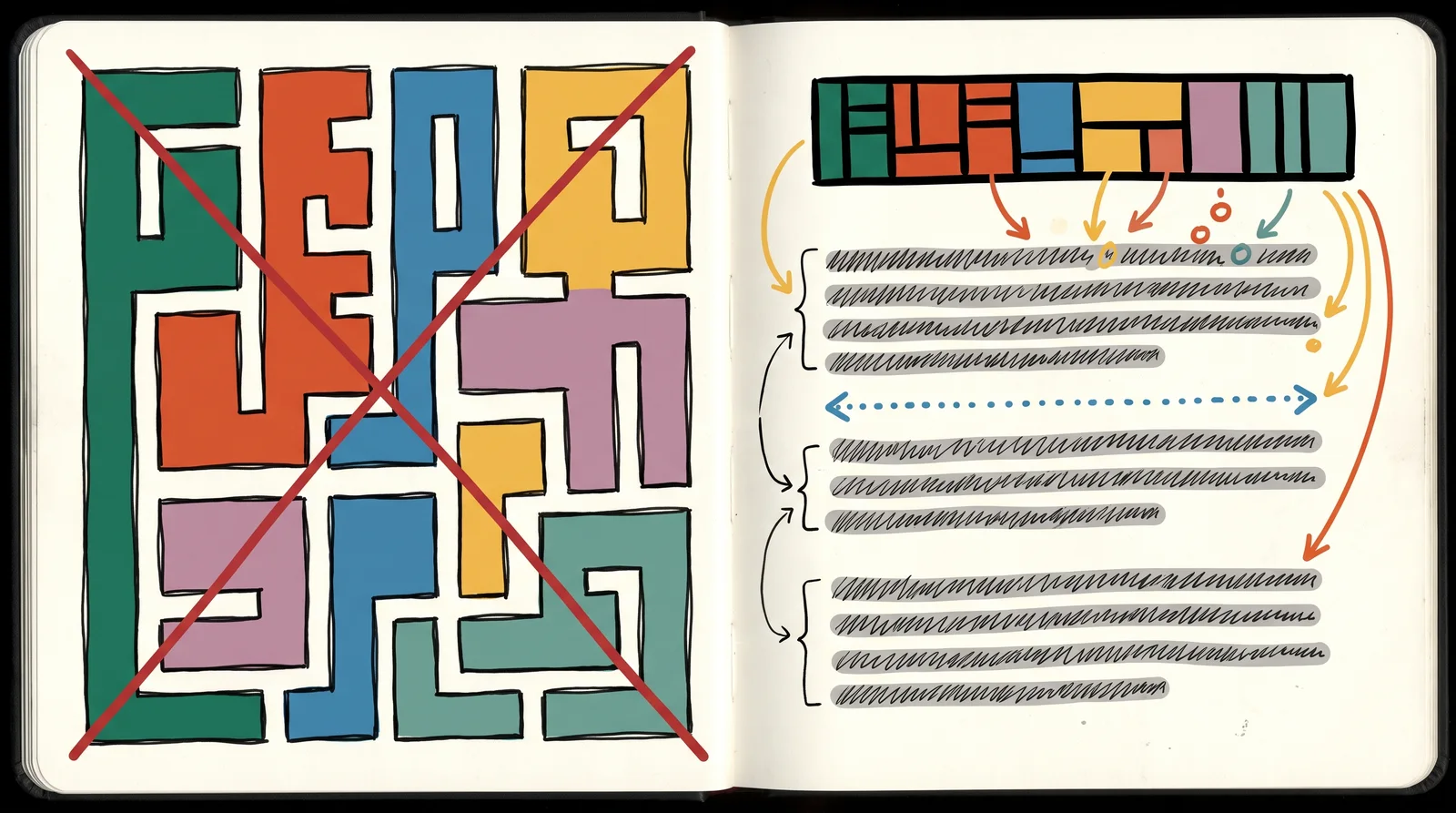 The left page holds one huge abstract letter-like shape, and the right page shows a heavy headline over rows of grey text lines with brackets and arrows marking line spacing and paragraph width.