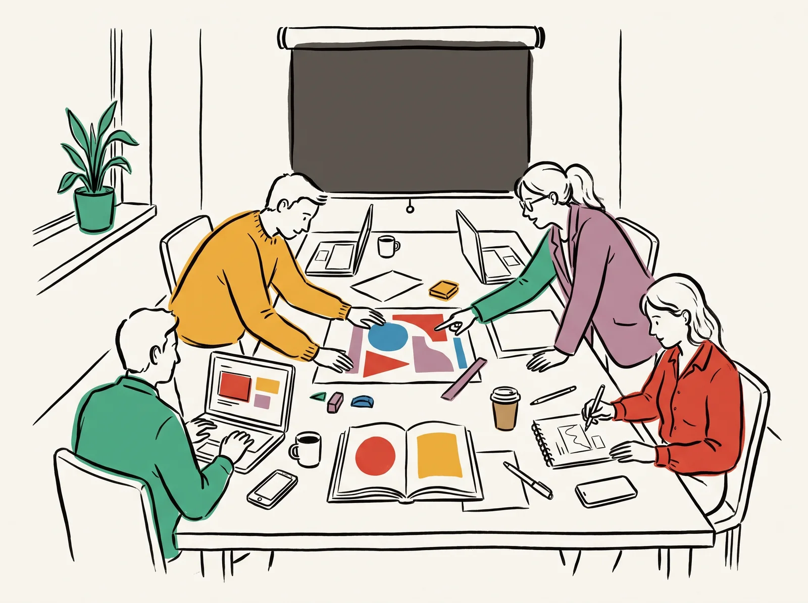 In a meeting room with the projector screen rolled up, a client's team make a poster, a slide and a sketch around a table while a studio designer leans over one shoulder pointing out a fix.