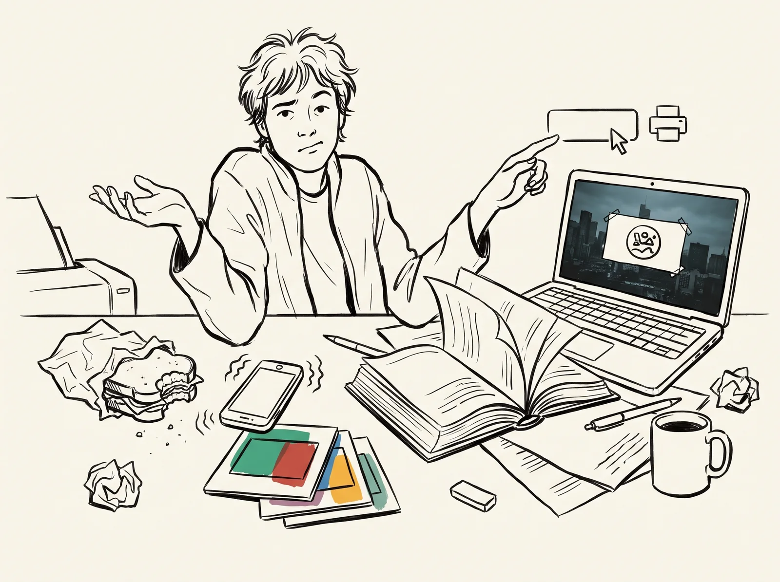 A hurried intern at a desk beside an open, flipped-through manual looks at a laptop showing a dark city photo with a small round emblem stuck on in a clumsy white box.