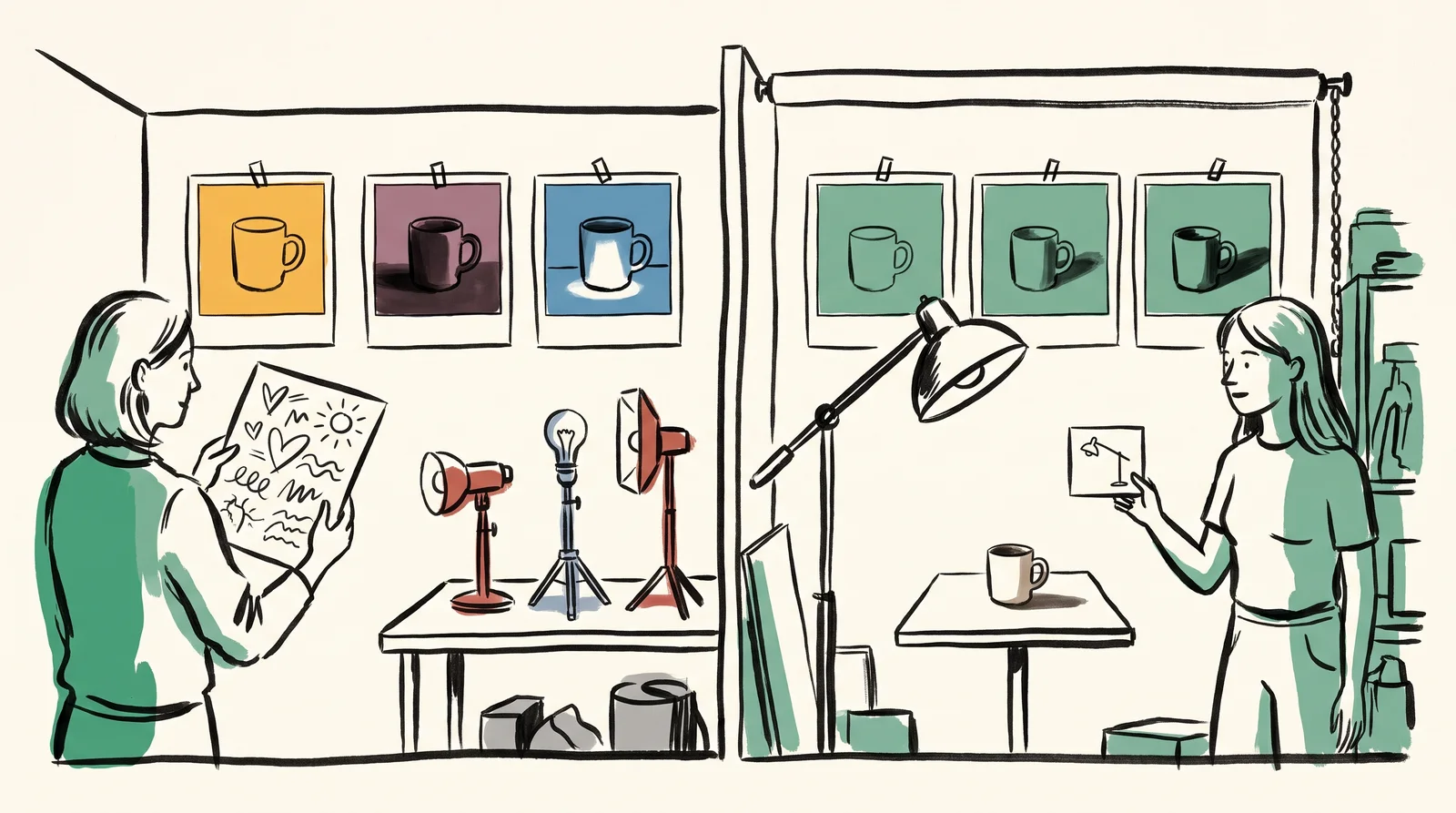 In two studio bays, one photographer holds a card of doodled hearts and suns beside three differently lit photos of a cup, while the other holds a small lamp sketch beside three photos sharing one side light and long shadow.