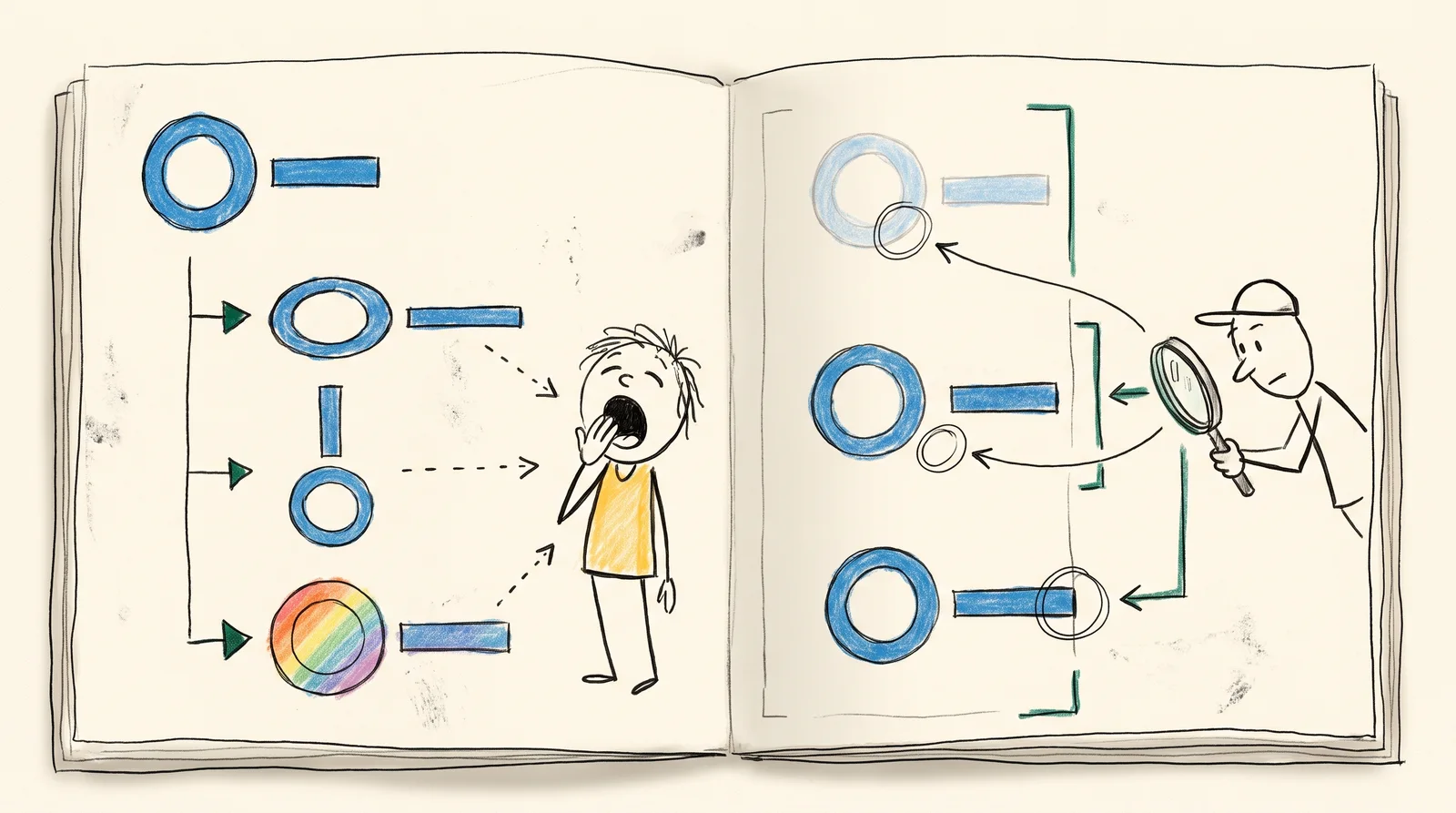 An open guidelines book shows an emblem stretched, rotated and rainbow-filled on the left beside a yawning reader, and three almost-correct versions on the right studied by a reader with a magnifying glass.