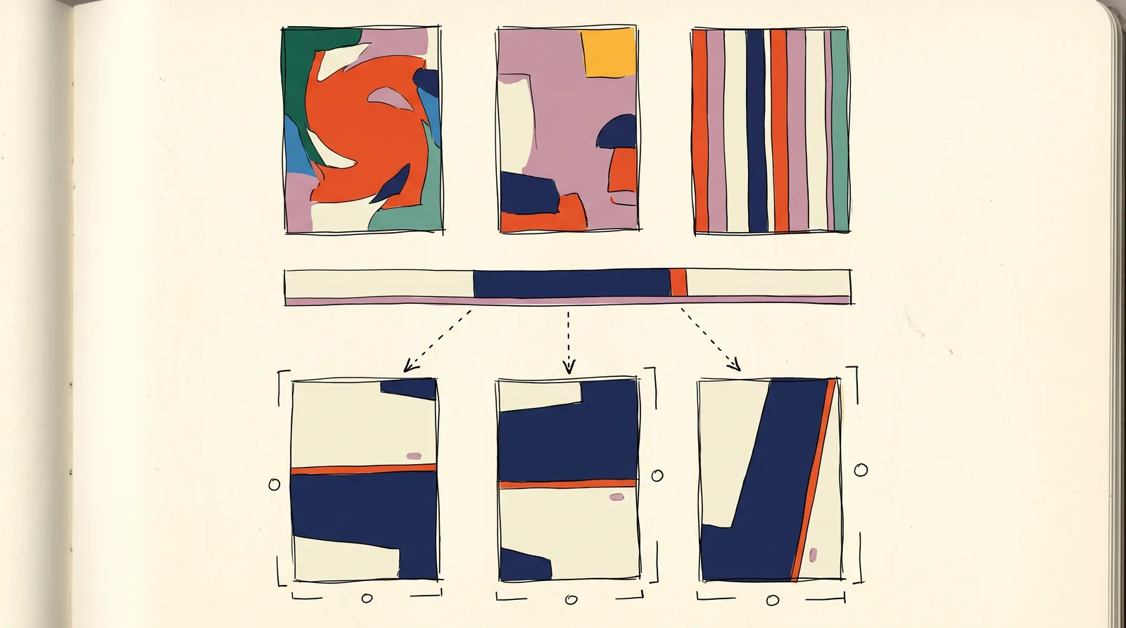 The top row shows three posters using the same four colours in very different amounts, and the bottom row shows three matching posters following a strip of mostly cream, some navy, a sliver of orange and a hairline of lilac.