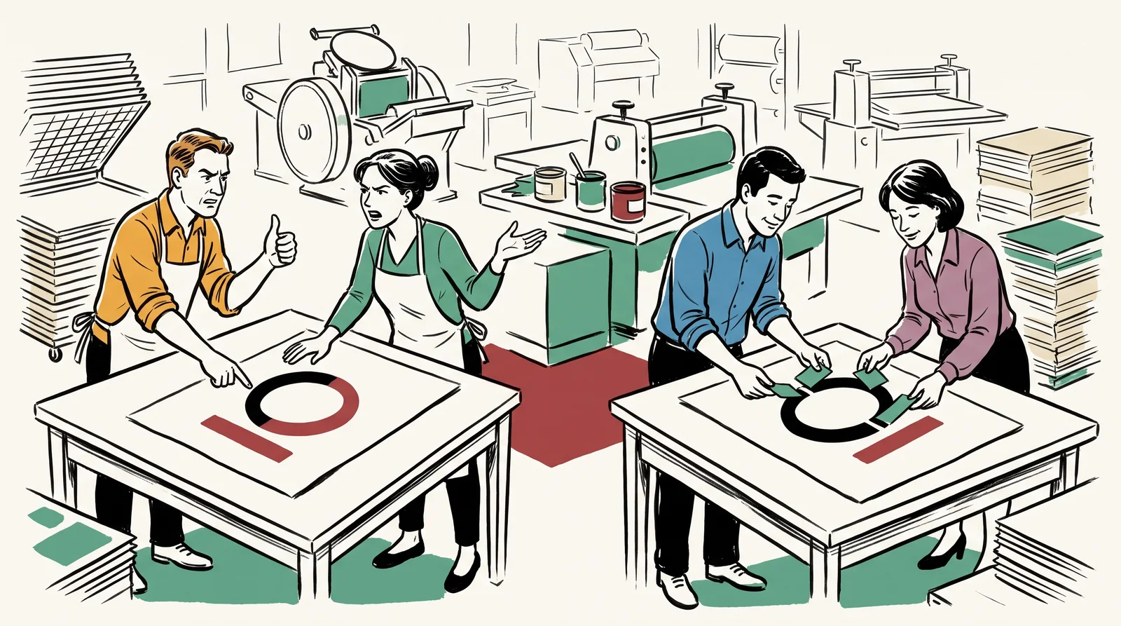 At one table two checkers argue over a poster's emblem, and at another two checkers lay a paper tab the height of the emblem's circle into the gap beside it and nod.