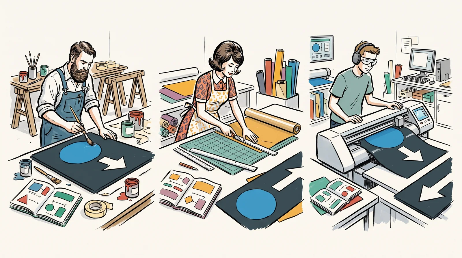 Three workshop scenes from different decades show a painter, a cutter and a technician each following the same open manual to make identical dark signs with a coloured disc and a white arrow.