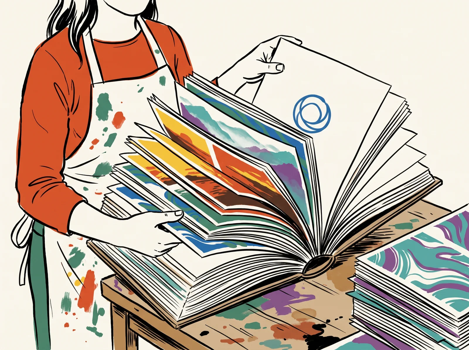 A print supplier at a workbench flips through a thick brand book full of sunset and mountain spreads towards a thin back section showing one simple emblem.