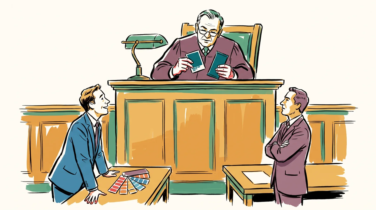 An ink drawing of a judge at a raised bench comparing a small deep teal colour chip with a teal wrapper under a lamp, while two lawyers wait at tables below, one with a fan of swatches.