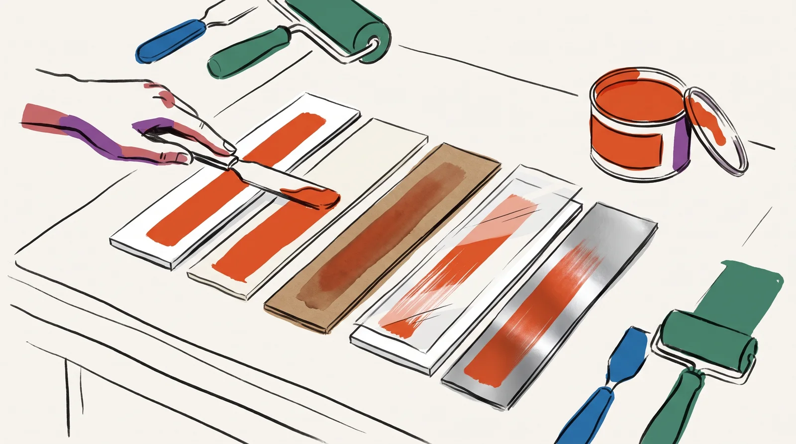 An ink drawing of a hand pulling red ink with a knife across five sample strips, white coated board, uncoated board, brown kraft, clear film and silver foil, each showing a different red.