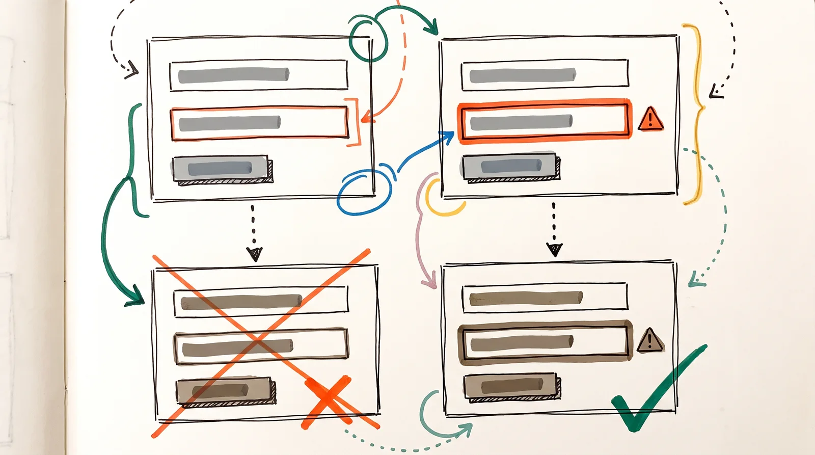 A doodle of two forms, one marking an error with a thin red outline and one with a thick outline and warning triangle, each shown again below in muddy colour-blind tones where only the second error is still visible.
