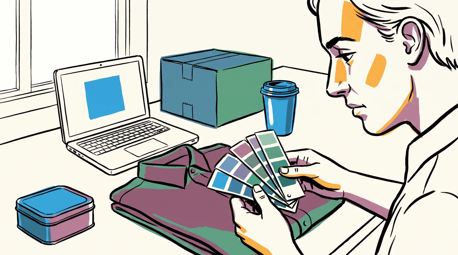 An ink drawing of a designer holding swatches against a blue shirt, surrounded by a laptop, a printed box, a plastic cup and a tin lid, all in slightly different blues.