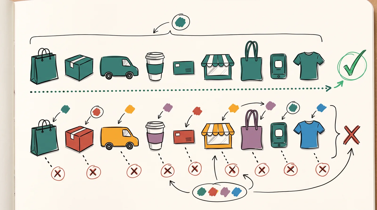 A doodle of two rows of nine brand items, bag, box, van, cup, card, awning, tote, app tile and shirt, all deep teal in the top row and split across five colours in the bottom row.