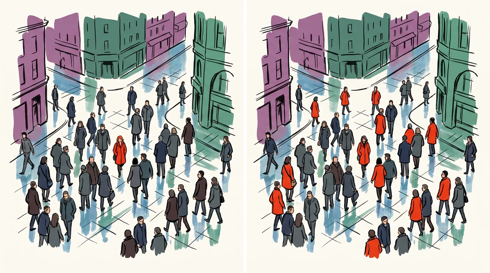 An ink drawing of a city square crowd seen from above twice, on the left with one person in a red coat among grey coats, on the right with many red coats scattered through the crowd.