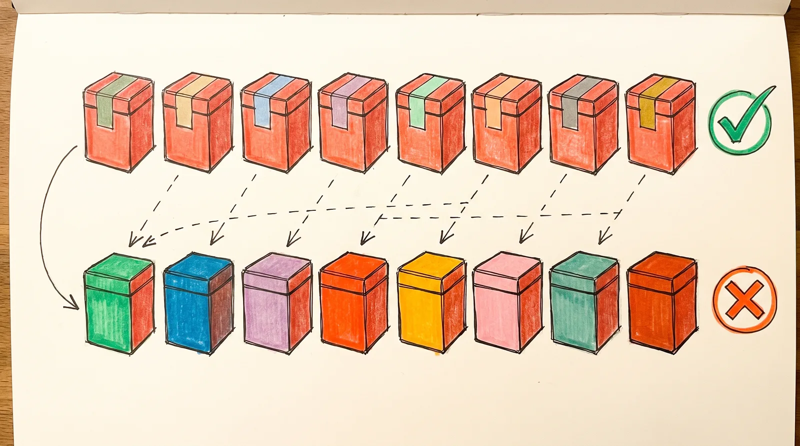 A doodle of two rows of eight tea boxes, the top row all red with small pale coloured lid bands, the bottom row each box a different loud colour.