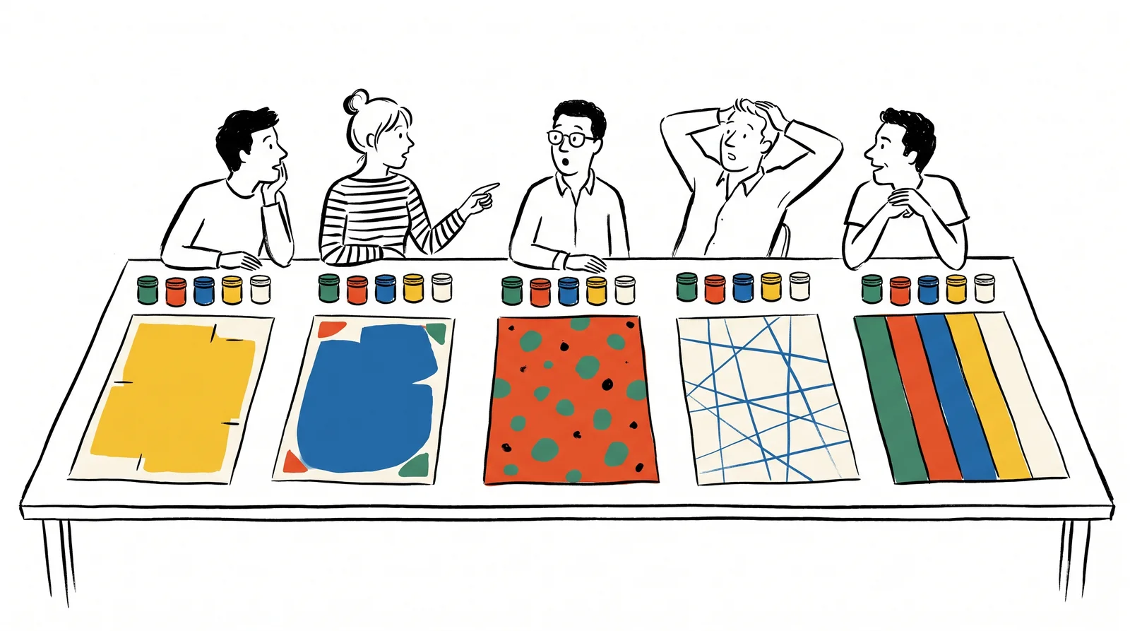 An ink drawing of five designers at a long table, each with the same five paint pots, holding up five posters that use the colours in very different amounts.