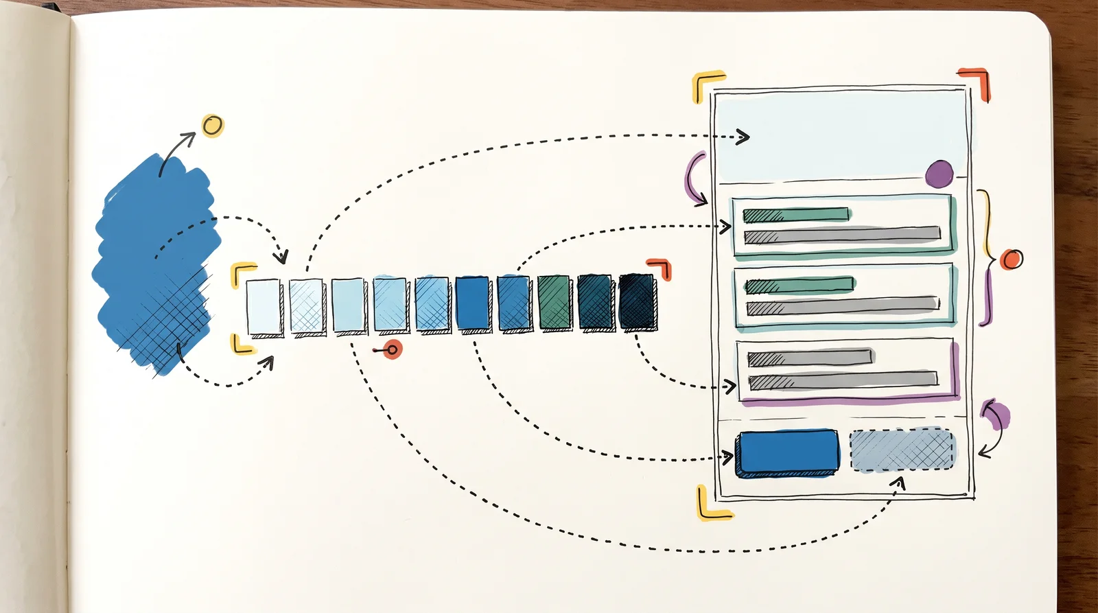 A doodle of a blue swatch fanning into a strip of ten shades, with dotted lines linking individual shades to the background, borders, button, text bars and disabled button of a simple app screen.