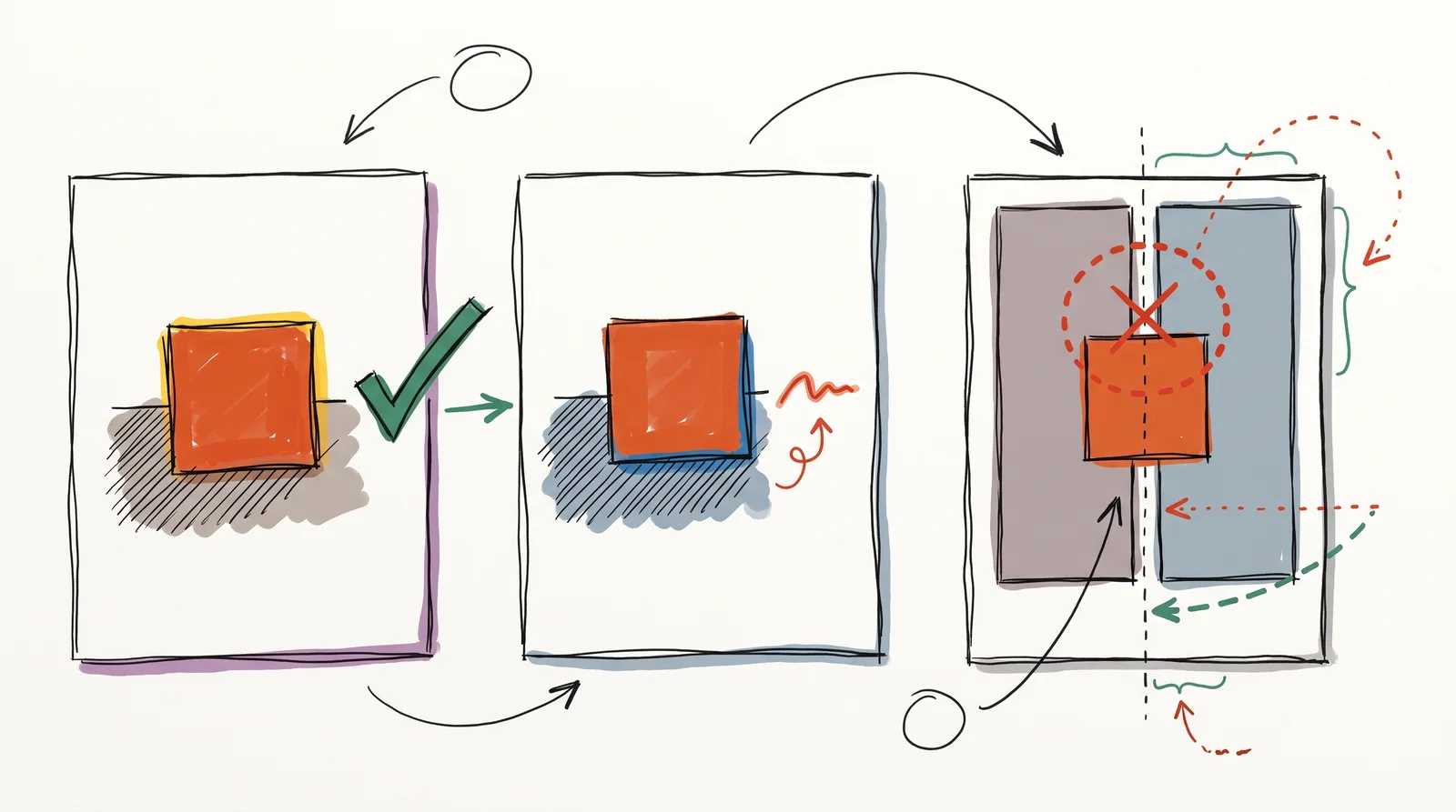 A doodle of three cards: a terracotta square on warm grey, the same square on cool blue-grey, and a layout mixing both greys with the seam between them circled in red.