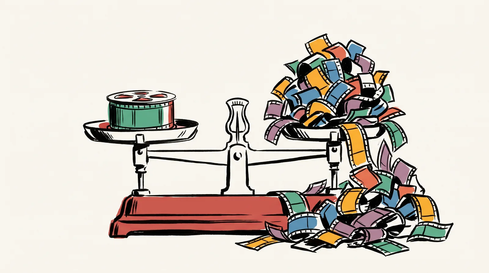 An ink drawing of a kitchen balance with one small reel of film on one pan and a heap of cut-off film ends on the other, the beam level.