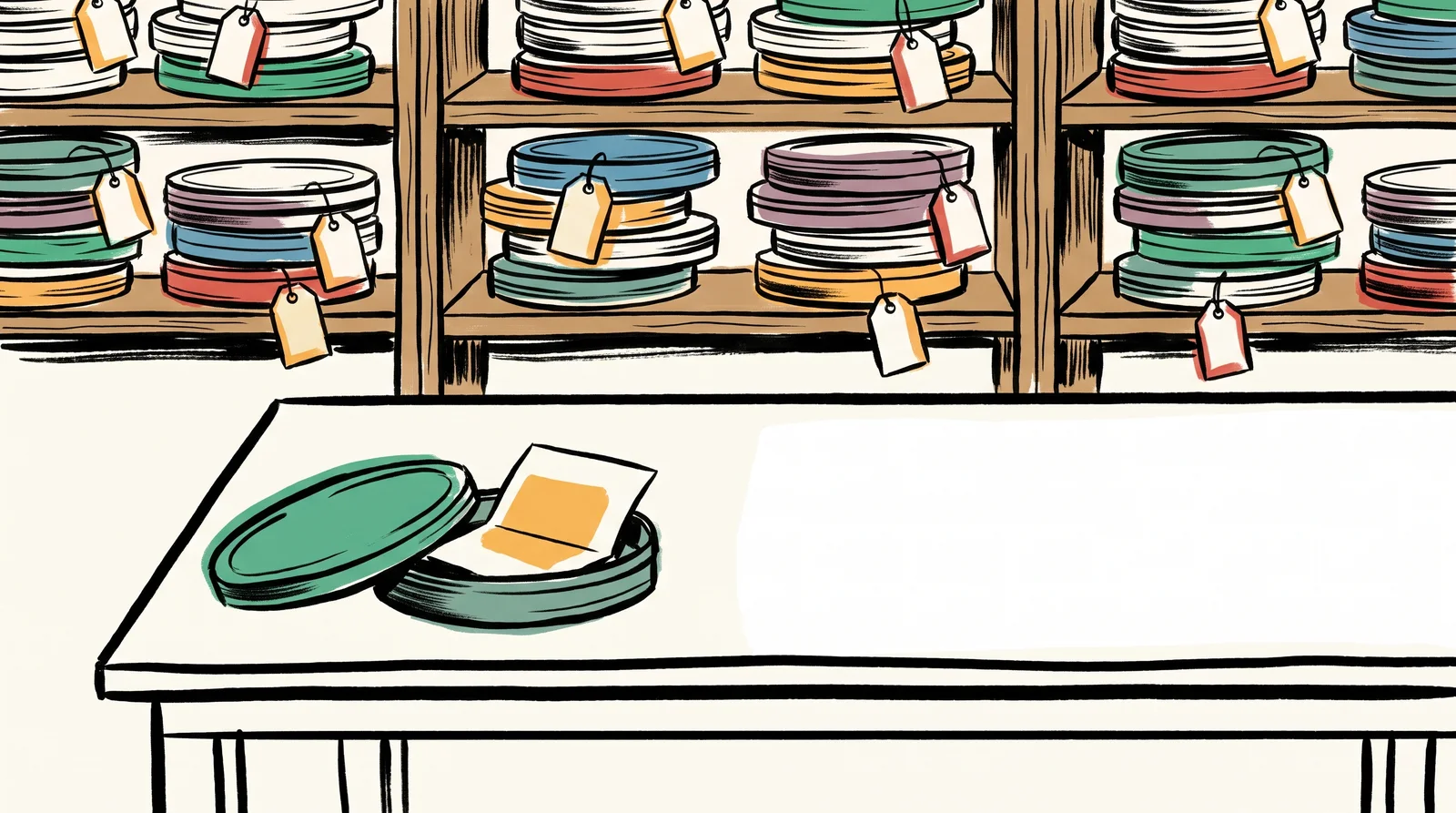 An ink drawing of shelves of film canisters each with a blank paper tag, and one open canister on a table with a folded note inside its lid.