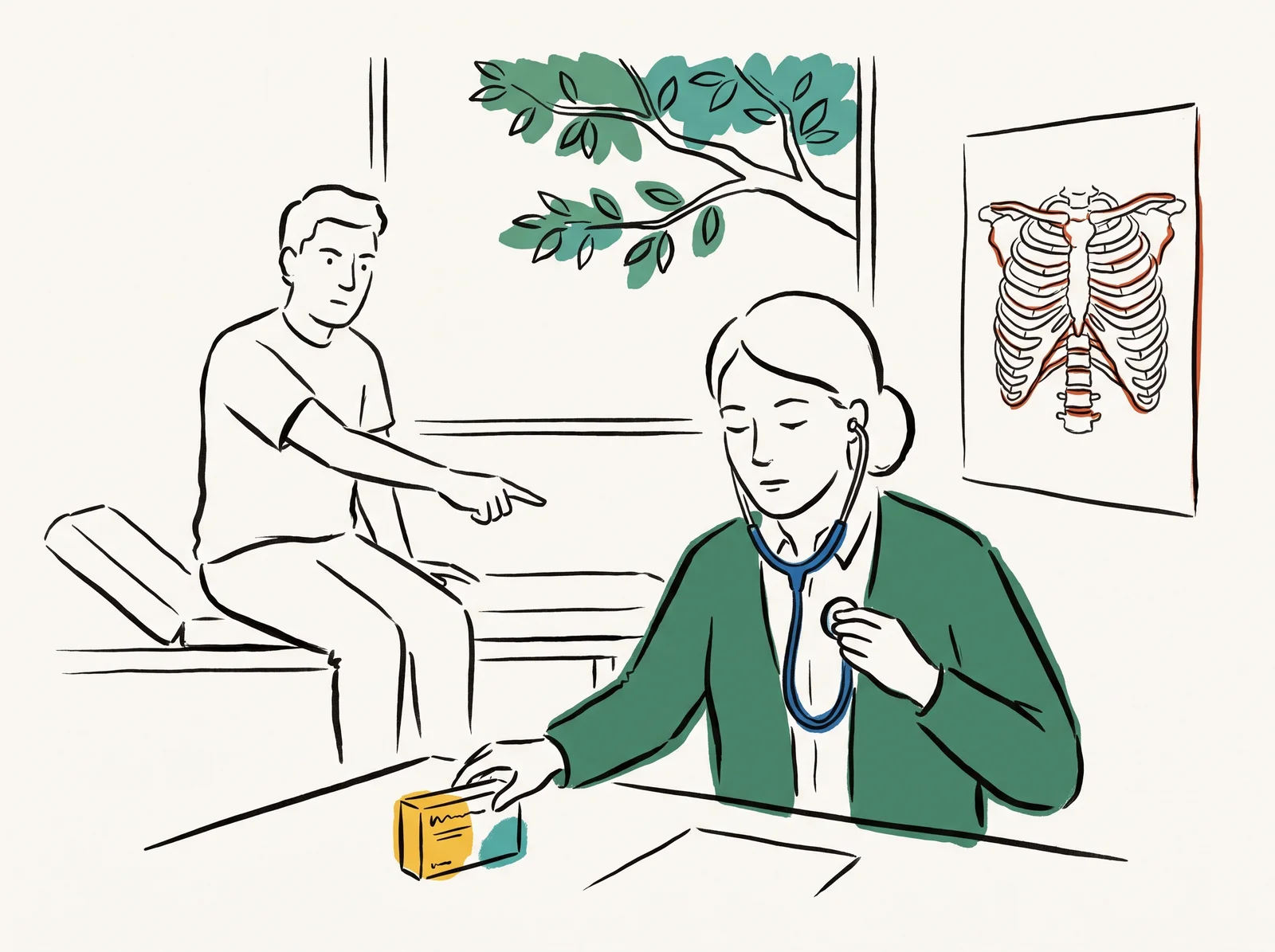 An ink drawing of a doctor setting aside a medicine box a patient is pointing at and listening to the patient's chest with a stethoscope in a consulting room.