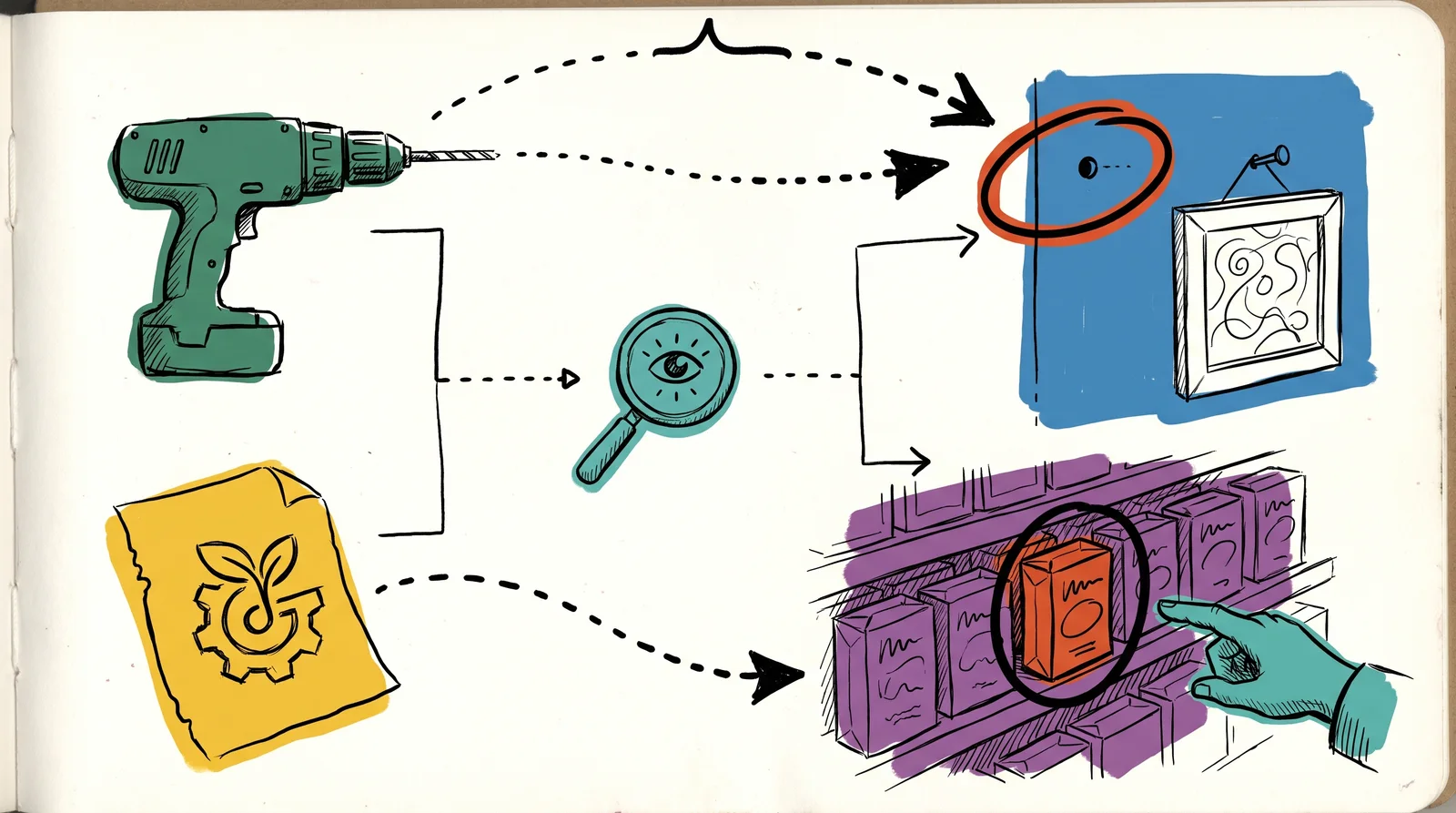 A doodle with a drill pointing to a picture hung on a wall above, and a logo sketch pointing to a pack lost on a crowded shop shelf below, the hole and the lost pack each circled.