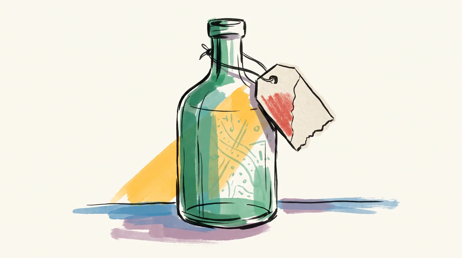 An ink drawing of a green glass bottle on a windowsill with a faint pattern etched into the glass, and a paper tag on string at its neck, half torn away.