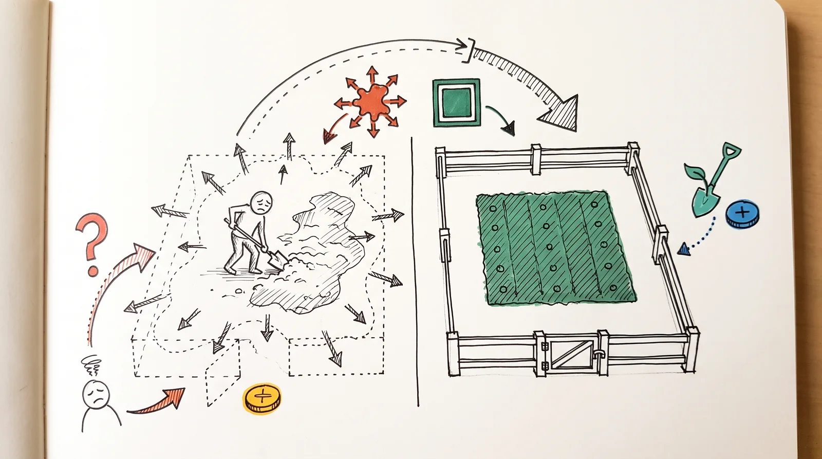 A doodle of two fields from above, one with a faint dotted boundary pushed outward by arrows around a tired designer, one with a solid fence and a new request landing outside it beside a separate coin.