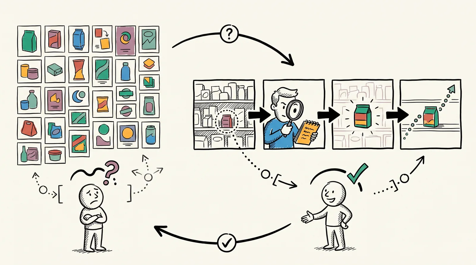 A doodle of a puzzled visitor facing a wall of forty small images on the left, and a nodding visitor facing a four-panel story of a lost pack, research, a new pack and an emptying shelf on the right.